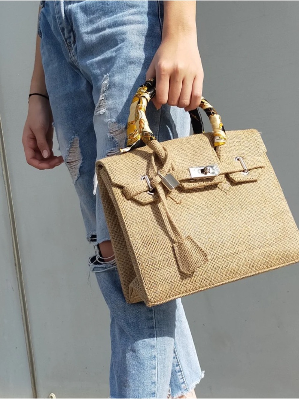 Birkin Style 25 Satchel Double Handle Bag - Natural Jute/Burlap - 25cm